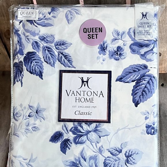 VANTONA Home MARIE BLUE QUEEN SIZE Sheet Set - 100% cotton percale (crisp) - Picture 1 of 7